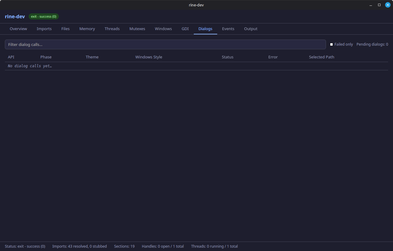 rine-dev Dialogs tab screenshot