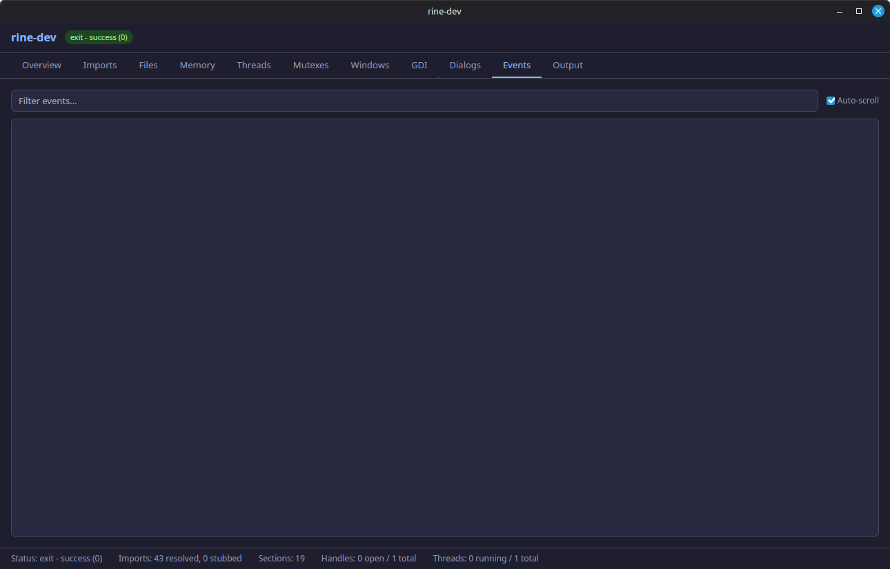 rine-dev Events tab screenshot