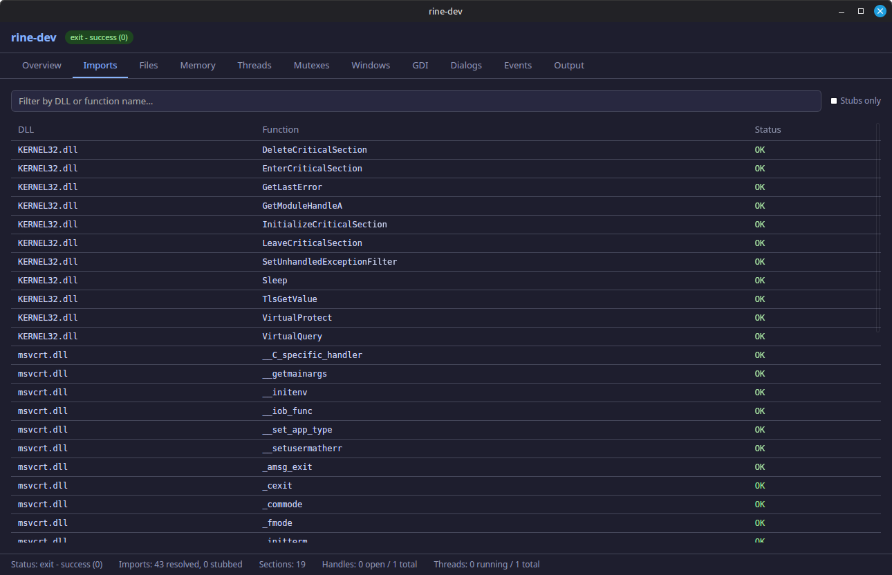 rine-dev Imports tab screenshot