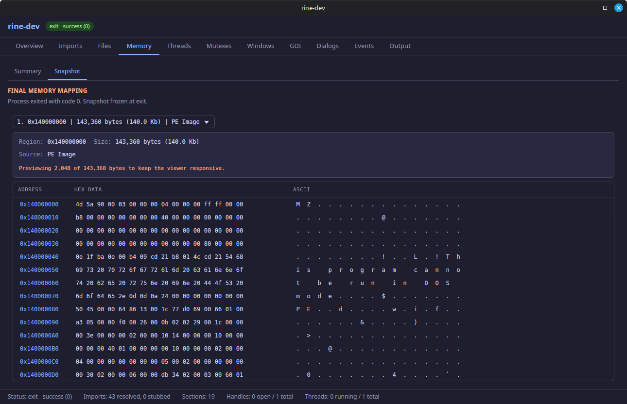 rine-dev Memory snapshot sub-tab screenshot