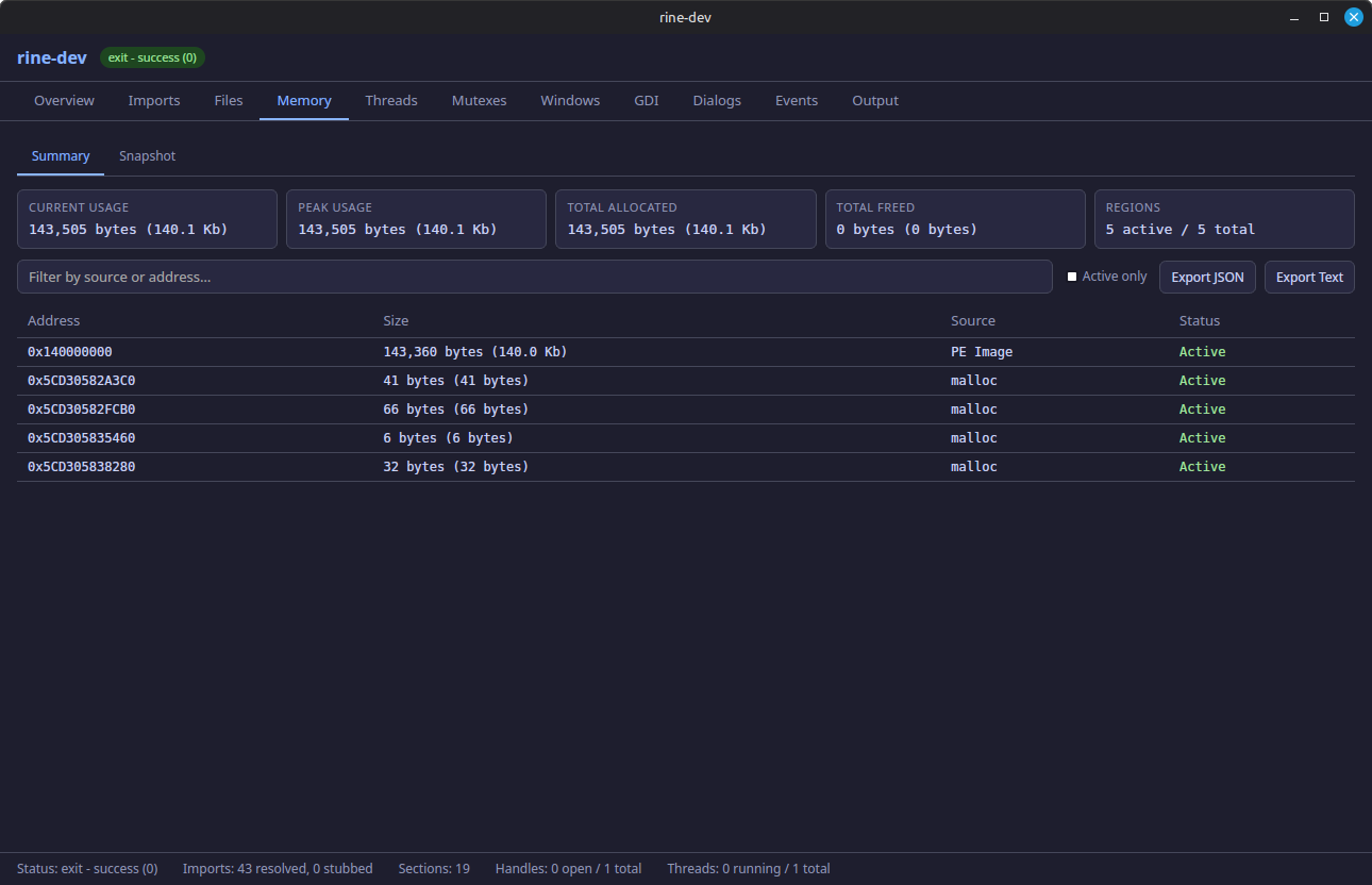 rine-dev Memory summary sub-tab screenshot