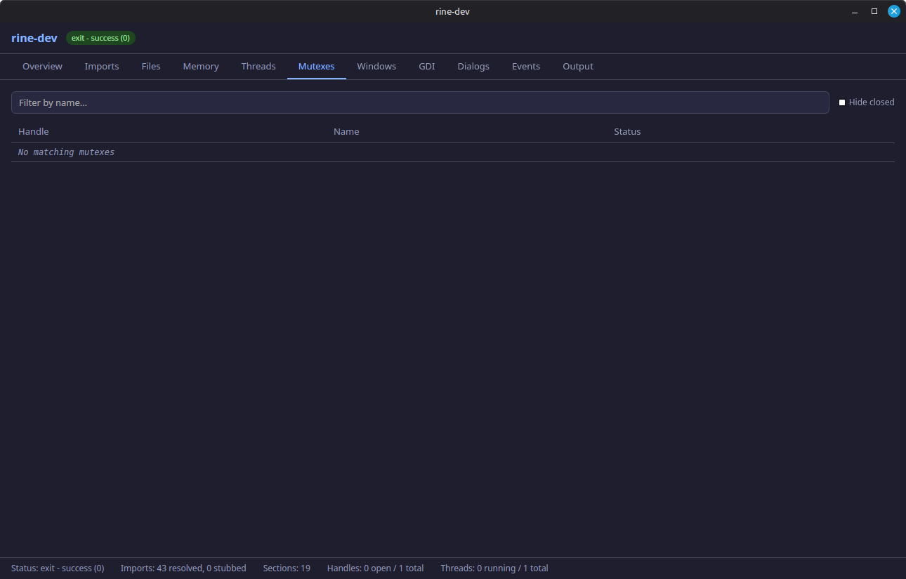 rine-dev Mutexes tab screenshot