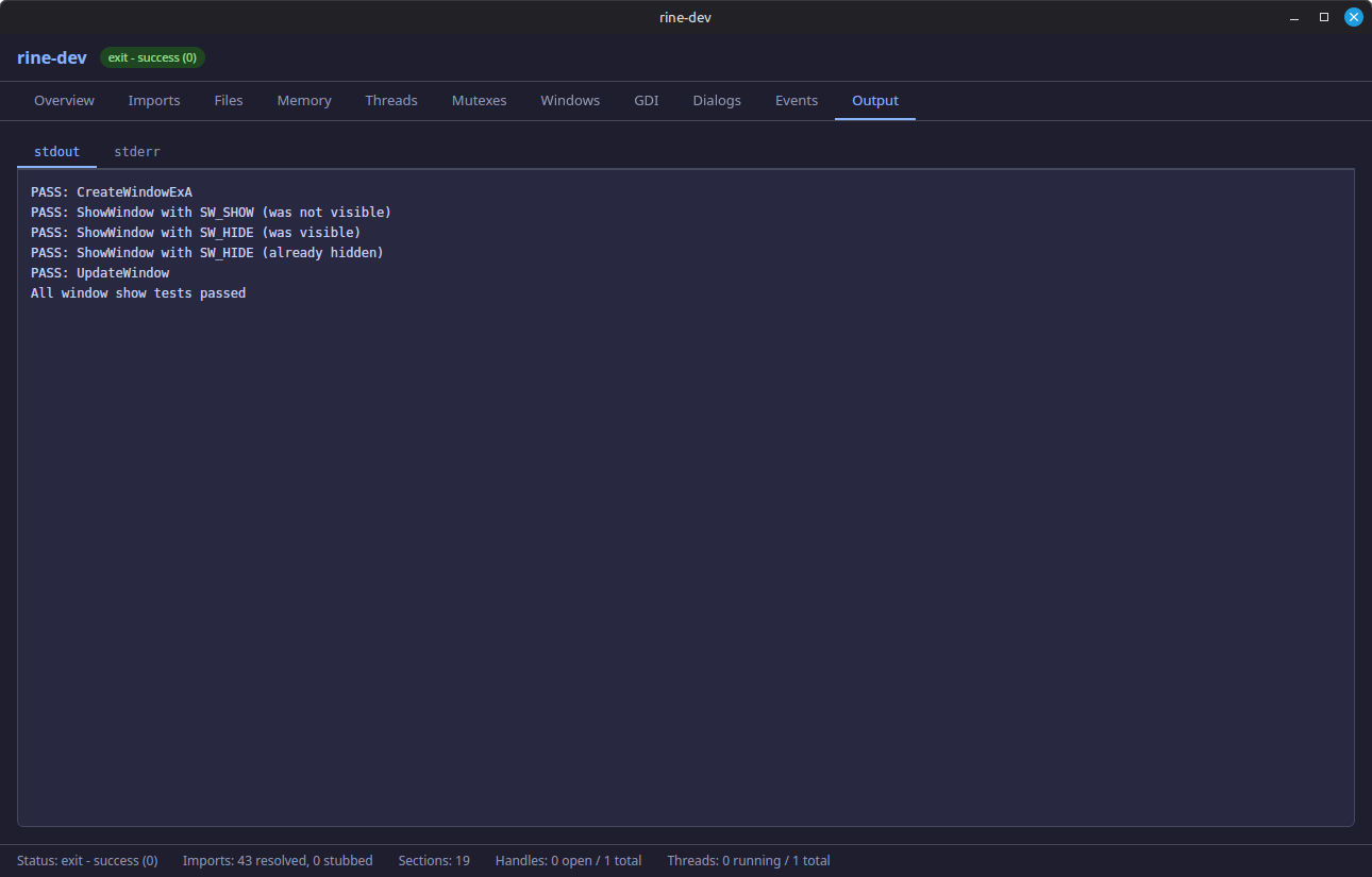 rine-dev Output stdout sub-tab screenshot