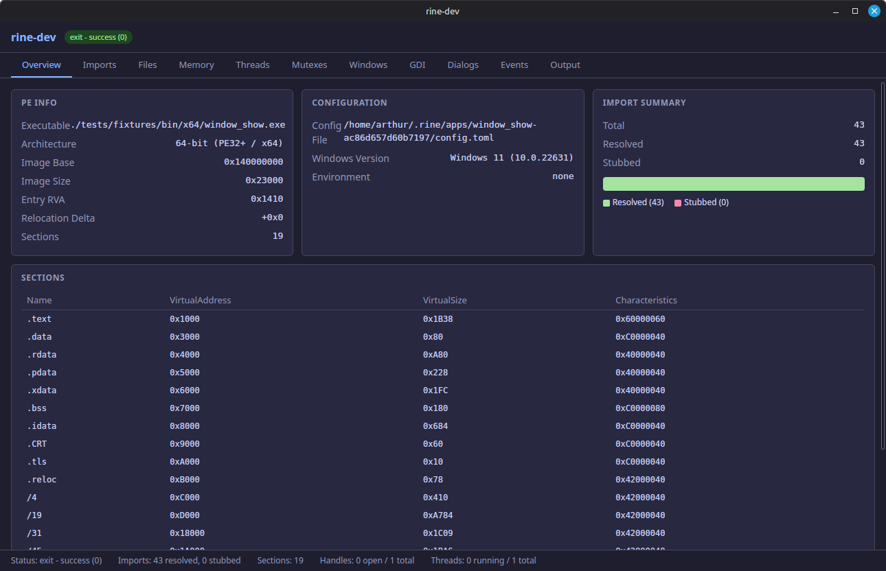 rine-dev Overview tab screenshot