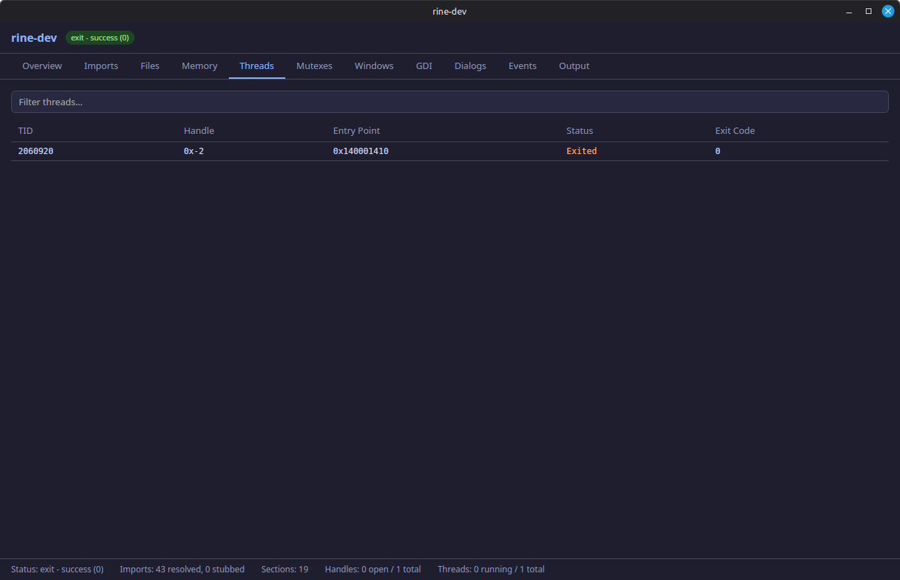 rine-dev Threads tab screenshot